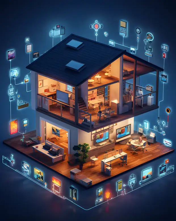 Maison connectée en coupe : pièces pilotées par la domotique