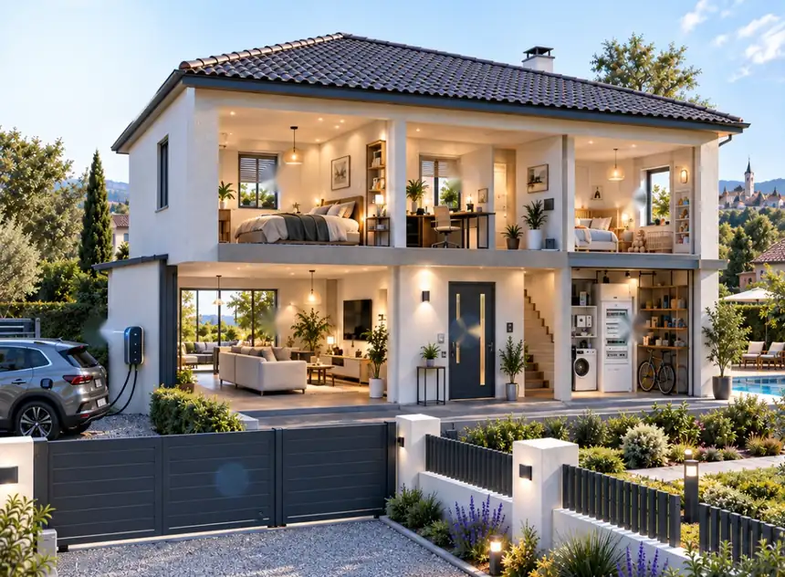 Maison contemporaine en coupe : chambres, bureau, salon, entrée, local technique, borne de recharge, portail et jardin