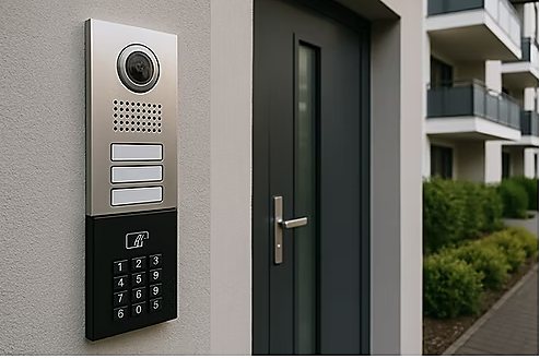 Platine d’interphonie connectée VIGIK+ à l’entrée d’un immeuble moderne