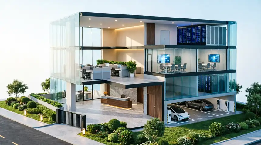 Bâtiment tertiaire en coupe : salle serveurs, open space, salles de réunion, accueil, local technique, parking avec bornes et portail