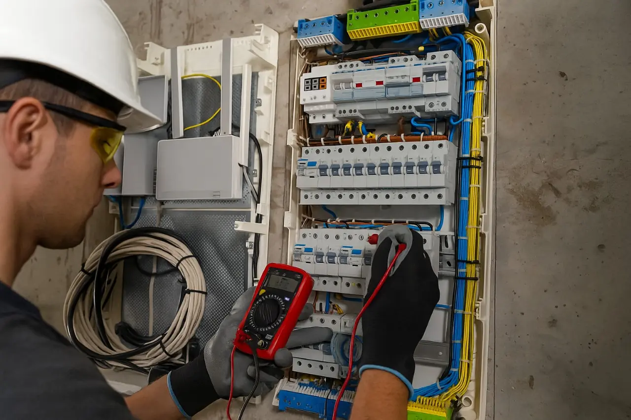 Contrôle au multimètre d'un tableau électrique lors d'un diagnostic de conformité